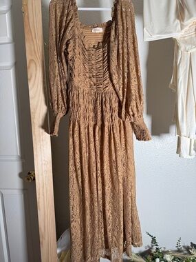 Smocked Lace Dress in Camel